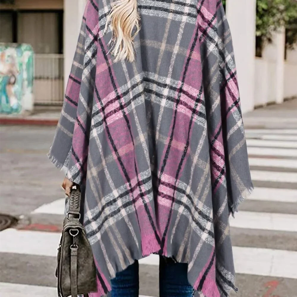 Women's Boho Open Front Poncho Knitted Plaid Shawl Wrap Cape Tassel Cardigan Swe